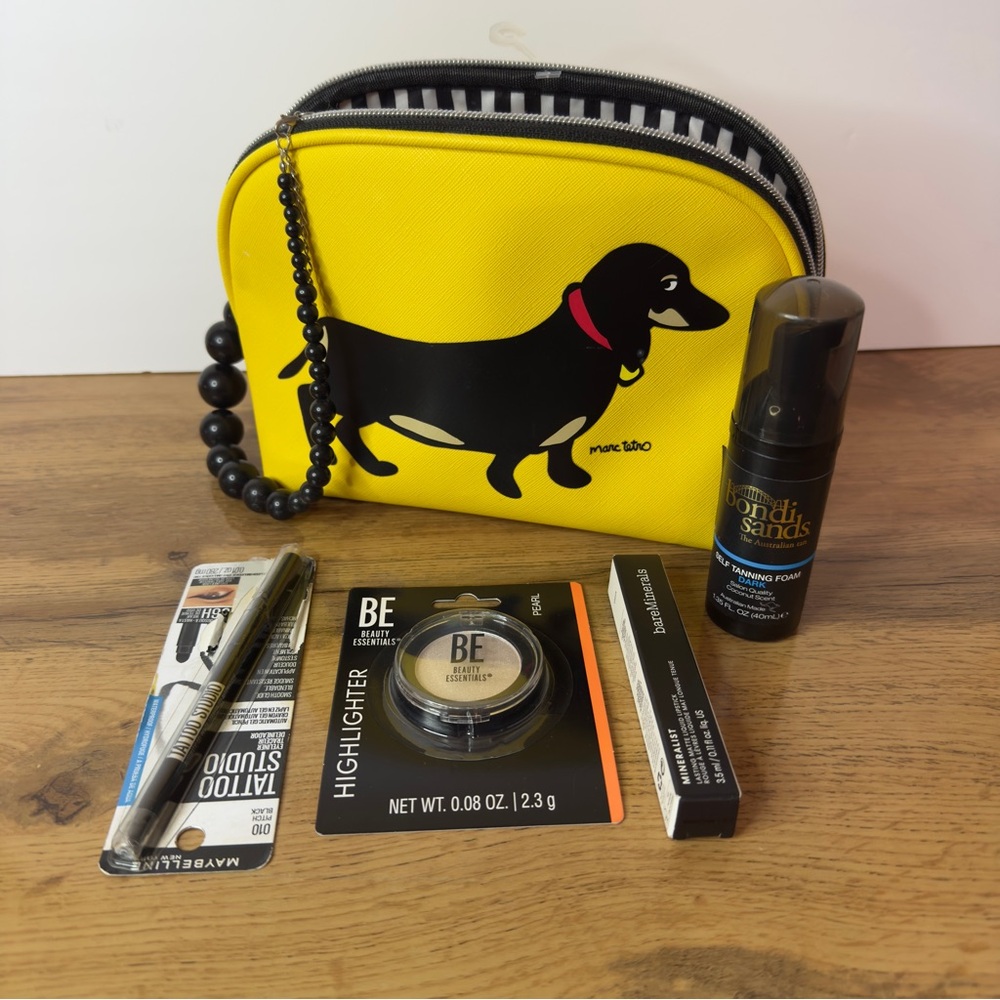 NEW Marc Tetro Yellow Dachshund Cosmetic Bag Beauty Bundle